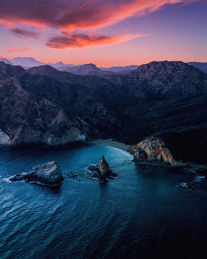 View of The Channel Islands at sunset with Nanco Helicopters.