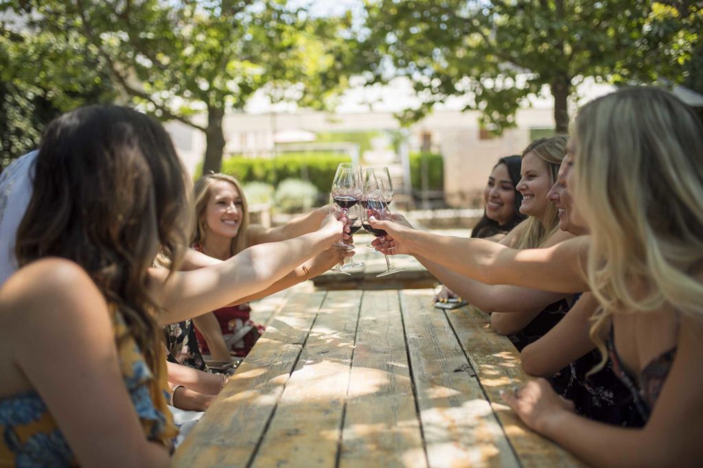 women cheersing at a winery picnic table